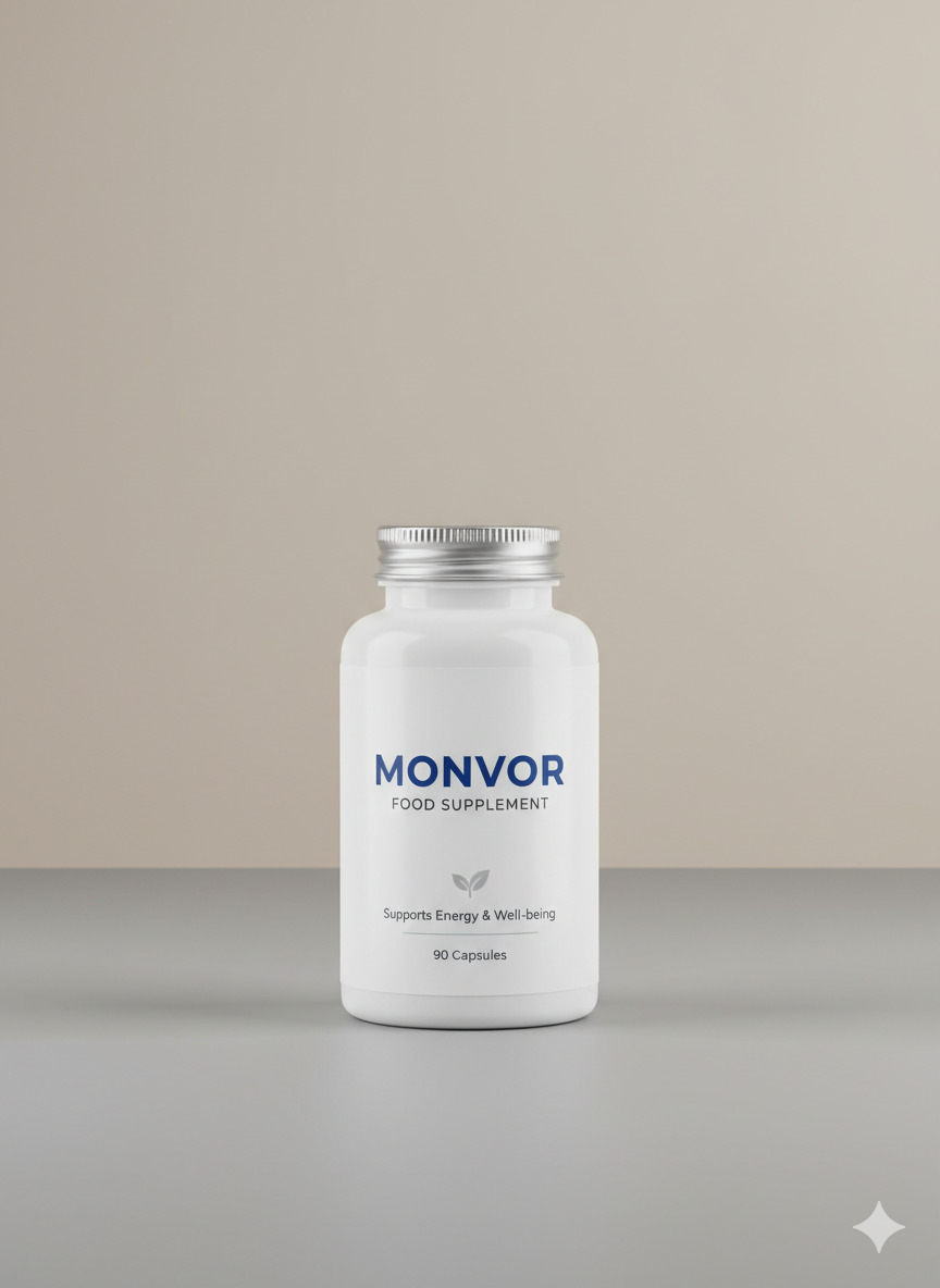 Monvor food supplement bottle and capsule pack on a neutral studio surface